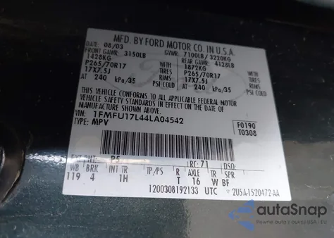 2004 Ford Expedition Eddie Bauer z USA, uszkodzony, nr VIN 1FMFU17L44LA04542